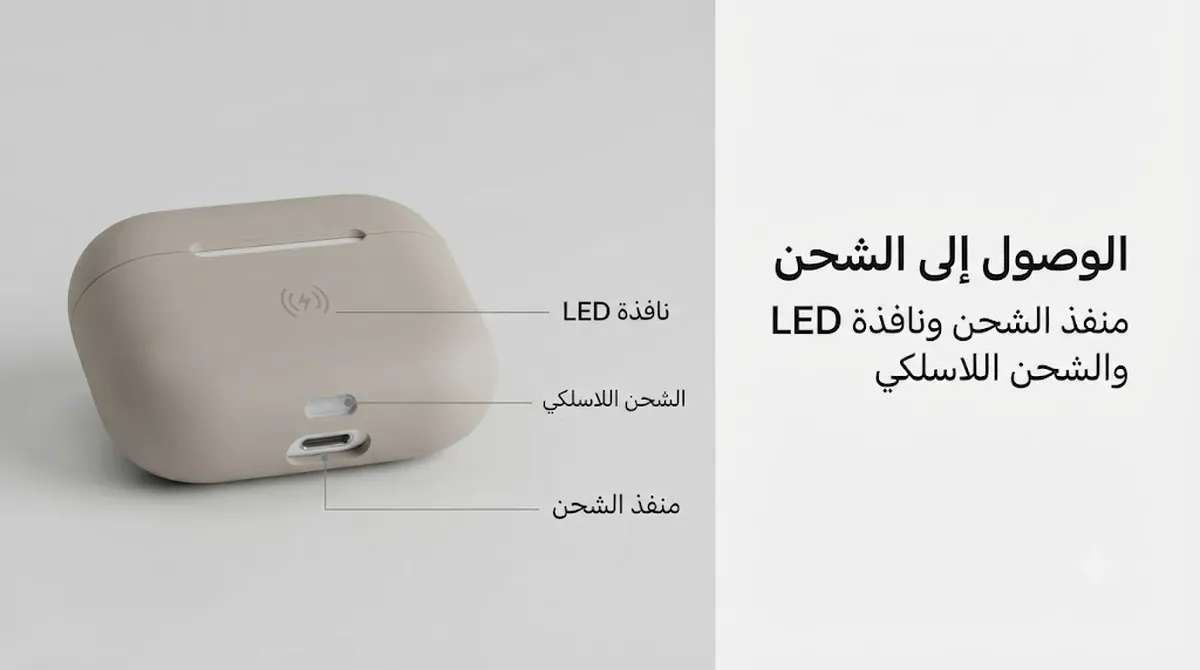 غطاء علبة سماعات أذن لاسلكية يوضح فتحة منفذ الشحن ونافذة LED ودعم الشحن اللاسلكي