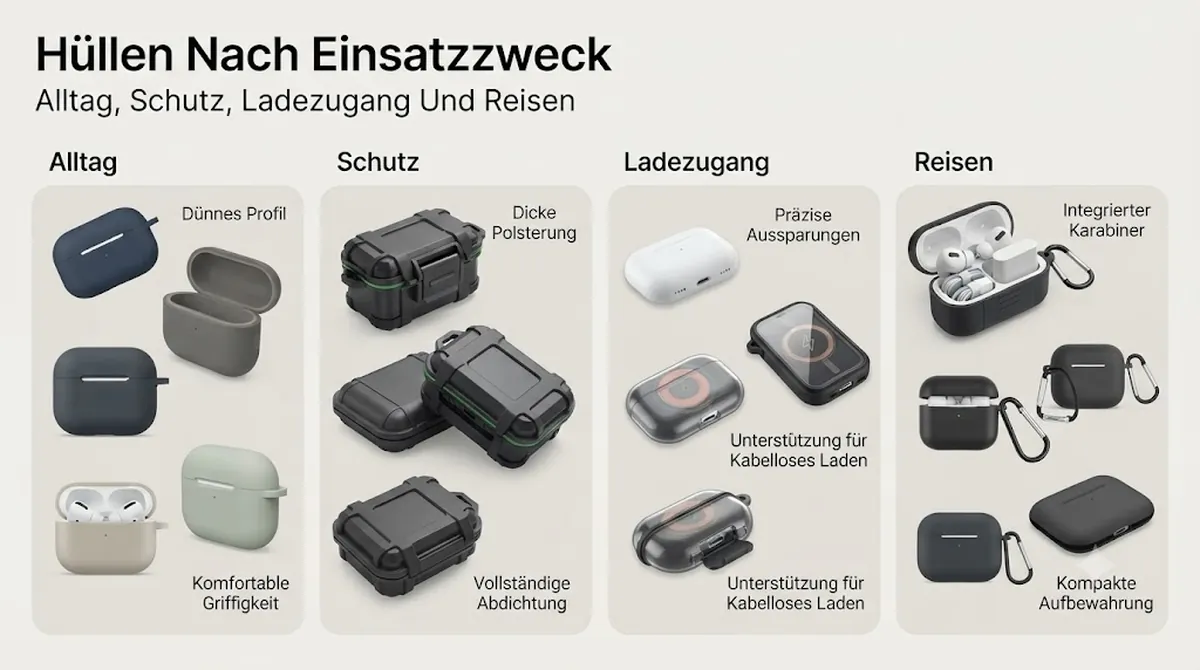 Optionen für Hüllen von kabellosen Ohrhörer-Ladecases gruppiert nach Alltag, Schutz, Ladezugang und Reisen