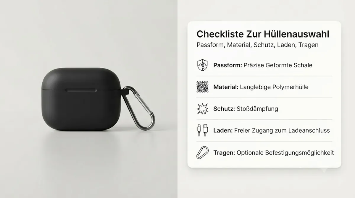 Checkliste für eine Hülle für kabellose Ohrhörer-Ladecases mit Passform, Material, Schutz, Ladezugang und Trageoptionen