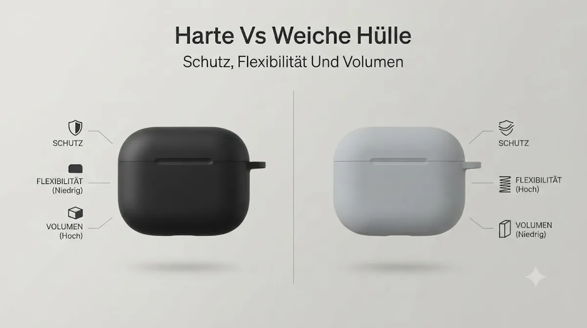 Harte und weiche Hüllen für kabellose Ohrhörer-Ladecases im Vergleich nach Schutz, Flexibilität und Volumen