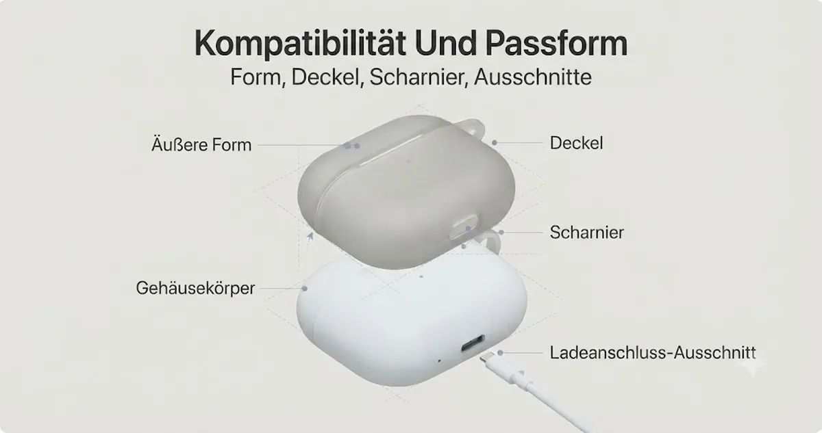 Hülle für kabellose Ohrhörer-Ladecases ausgerichtet an Ladecase-Form, Deckelposition, Scharnier und Ladeausschnitten