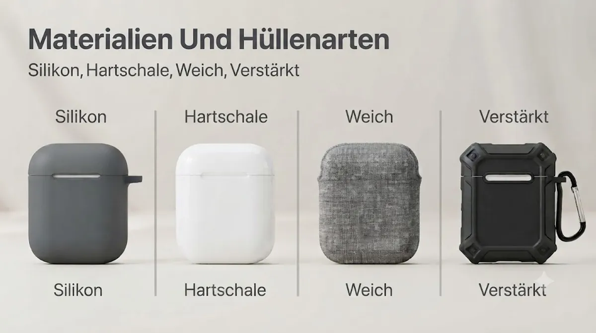 Materialien für Hüllen von kabellosen Ohrhörer-Ladecases, darunter Silikon, Hartschale, weiche Hülle und verstärkte Ausführungen