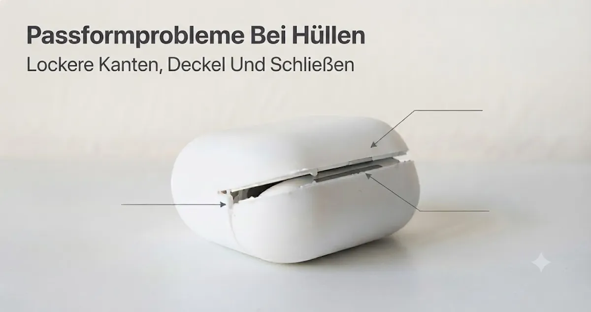 Passformprobleme einer Hülle für kabellose Ohrhörer-Ladecases mit lockeren Kanten, Deckelausrichtung und Schließproblemen