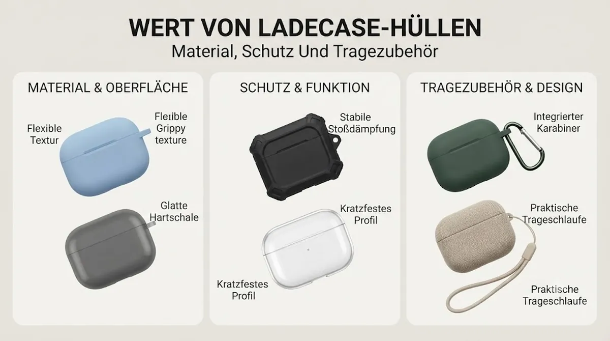 Wertvergleich einer Hülle für kabellose Ohrhörer-Ladecases mit Materialqualität, Schutzfunktionen und Tragezubehör