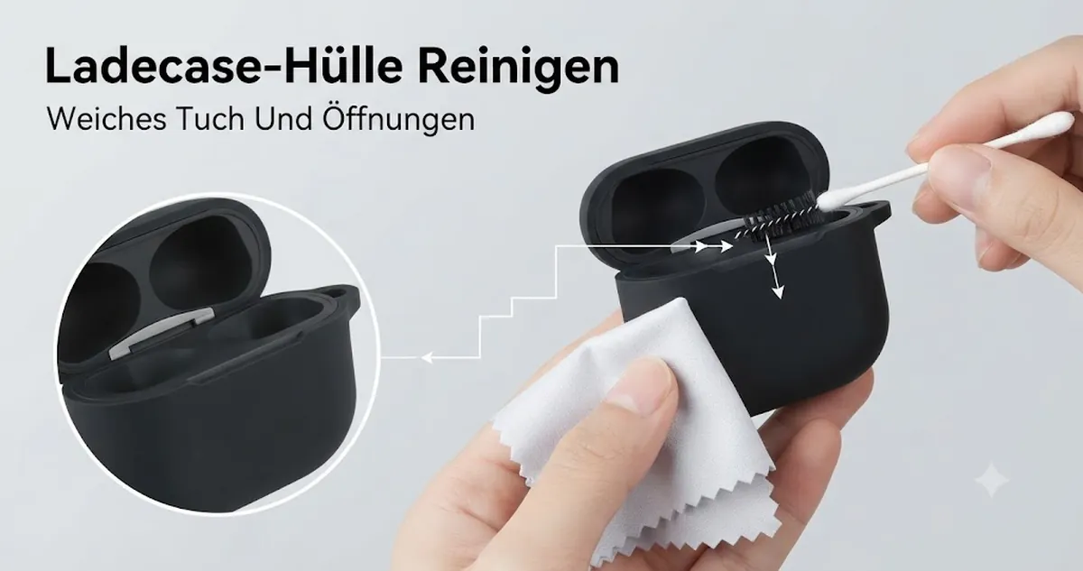 Reinigung einer Hülle für kabellose Ohrhörer-Ladecases mit weichem Tuch und kleinen Reinigungswerkzeugen an den Öffnungen