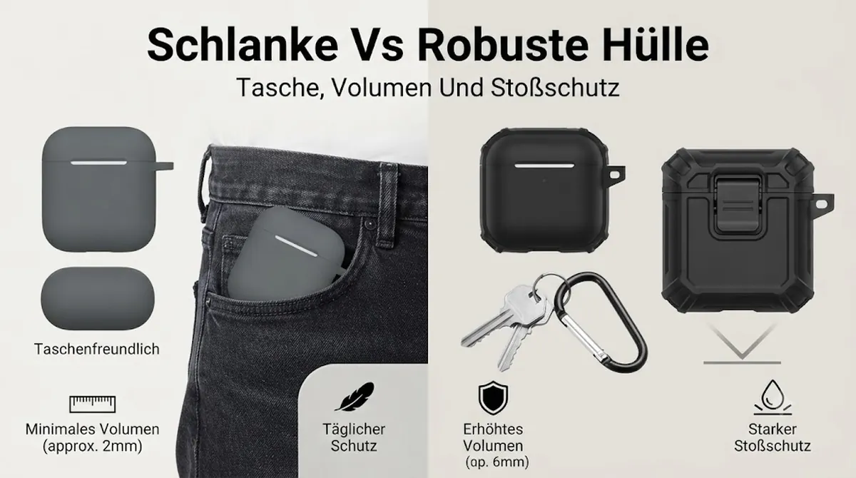 Schlanke und widerstandsfähige Hüllen für kabellose Ohrhörer-Ladecases im Vergleich nach Hosentaschentauglichkeit, Volumen und Stoßschutz