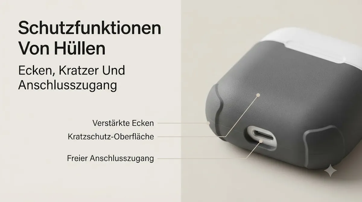 Details einer schützenden Hülle für kabellose Ohrhörer-Ladecases mit verstärkten Ecken, Kratzschutz und Anschlusszugang