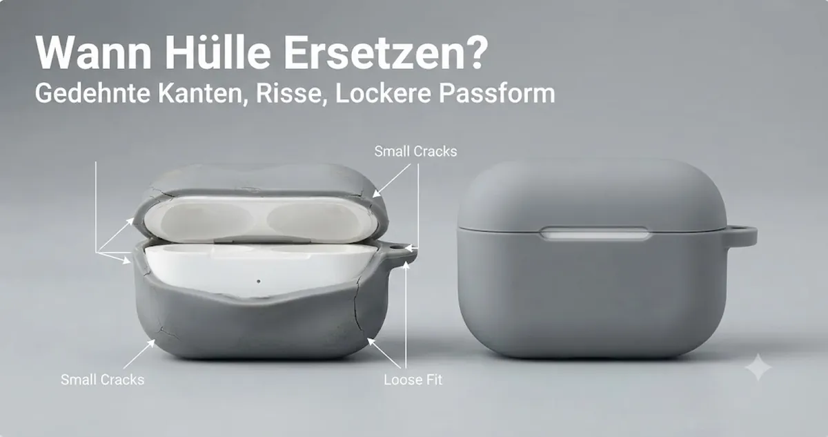Abgenutzte Hülle für kabellose Ohrhörer-Ladecases mit gedehnten Kanten, Rissen und lockerer Passform neben einer Ersatzhülle