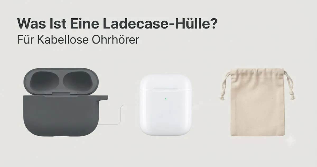 Passgenaue Hülle für ein kabelloses Ohrhörer-Ladecase neben Ladecase und Aufbewahrungstasche
