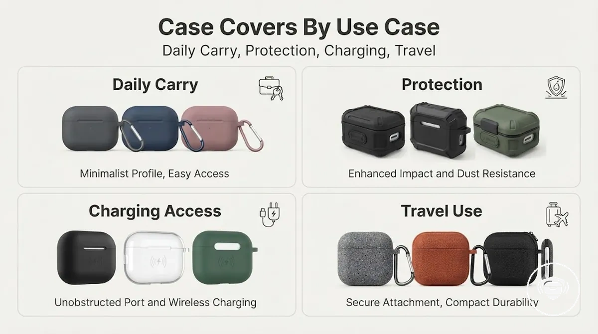 Wireless earbud case cover options grouped by daily carry, protection, charging access, and travel use