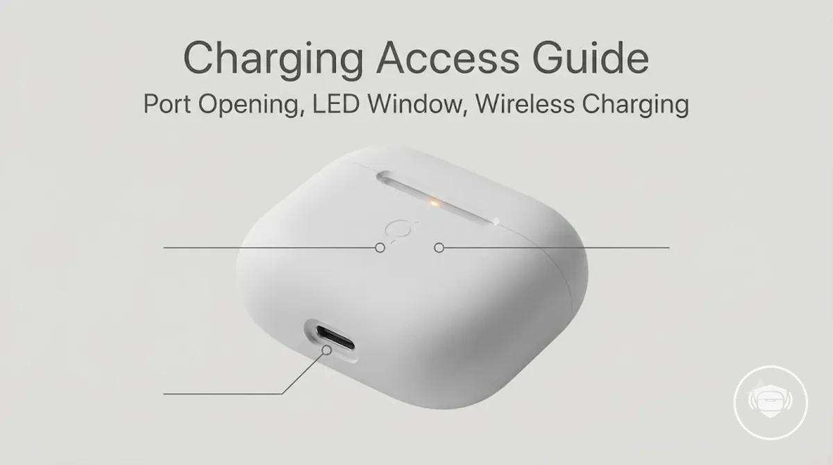 Wireless earbud case cover showing charging port opening, LED window, and wireless charging support