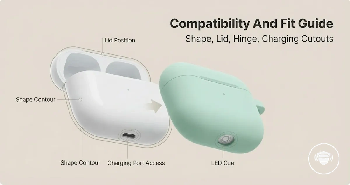 Wireless earbud case cover aligned with charging case shape, lid position, hinge, and charging cutouts