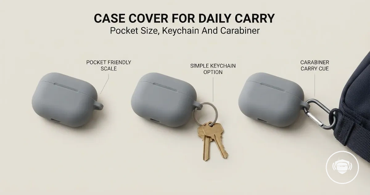 Wireless earbud case cover used for daily carry with pocket-friendly size, keychain, and carabiner options