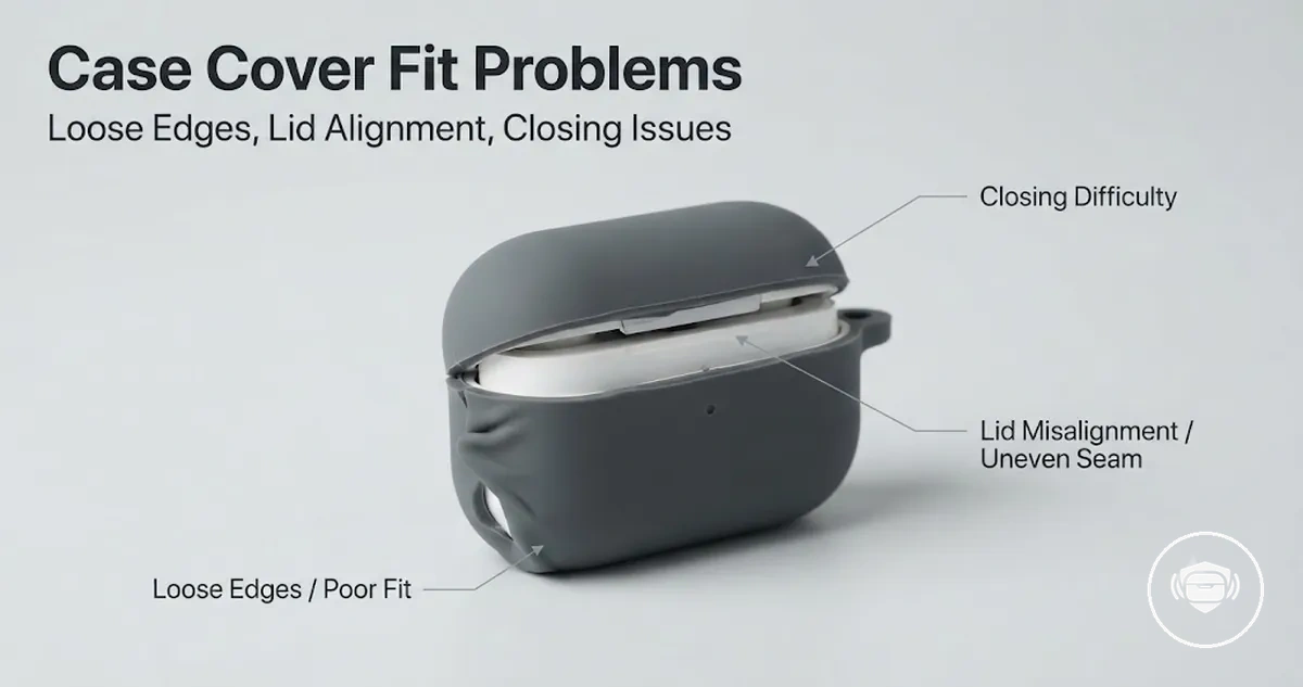 Wireless earbud case cover fit issues showing loose edges, lid alignment, and charging case closing problems