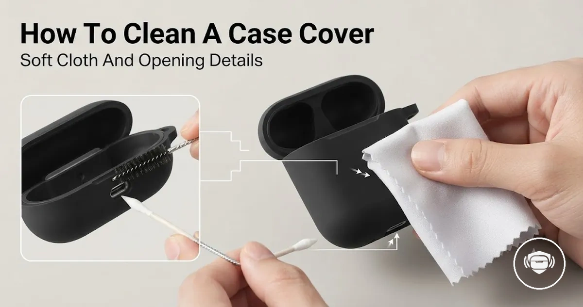 Cleaning a wireless earbud case cover with a soft cloth and small cleaning tools around the openings