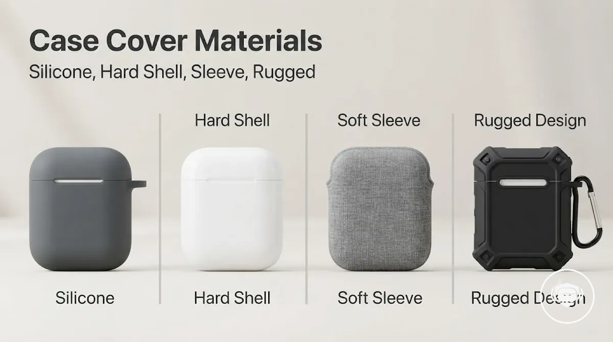 Different wireless earbud case cover materials including silicone, hard shell, soft sleeve, and rugged styles