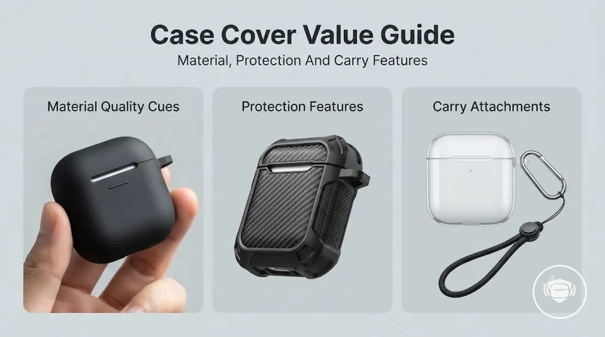 Wireless earbud case cover value comparison showing material quality, protection features, and carry attachments