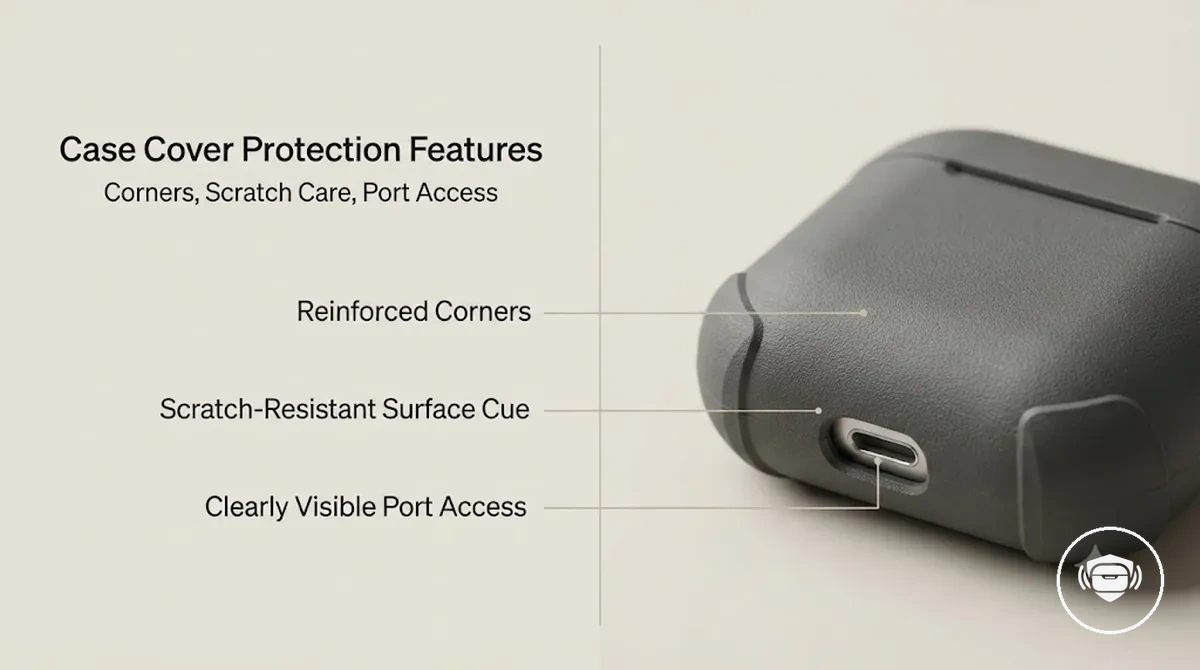 Protective wireless earbud case cover details showing reinforced corners, scratch protection, and port access