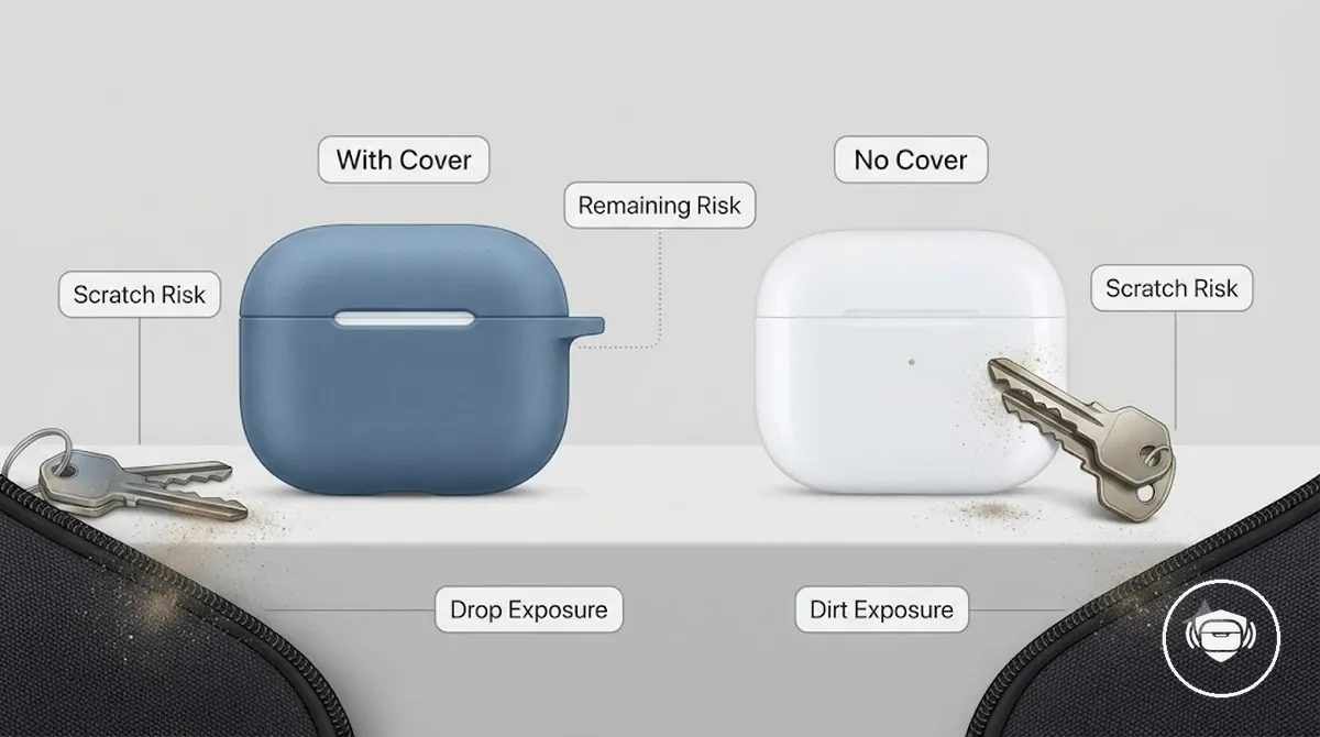 Covered and uncovered wireless earbud charging cases compared for everyday scratch, drop, and dirt exposure