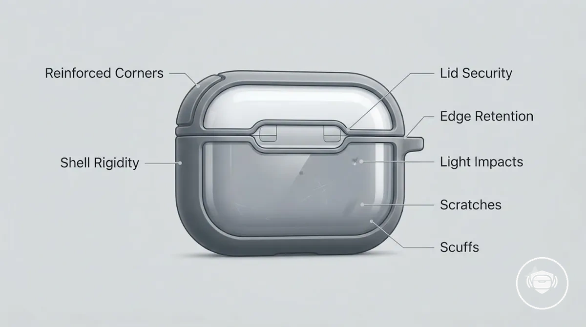 Wireless earbud case cover protection details showing reinforced corners, lid security, shell thickness, and edge retention