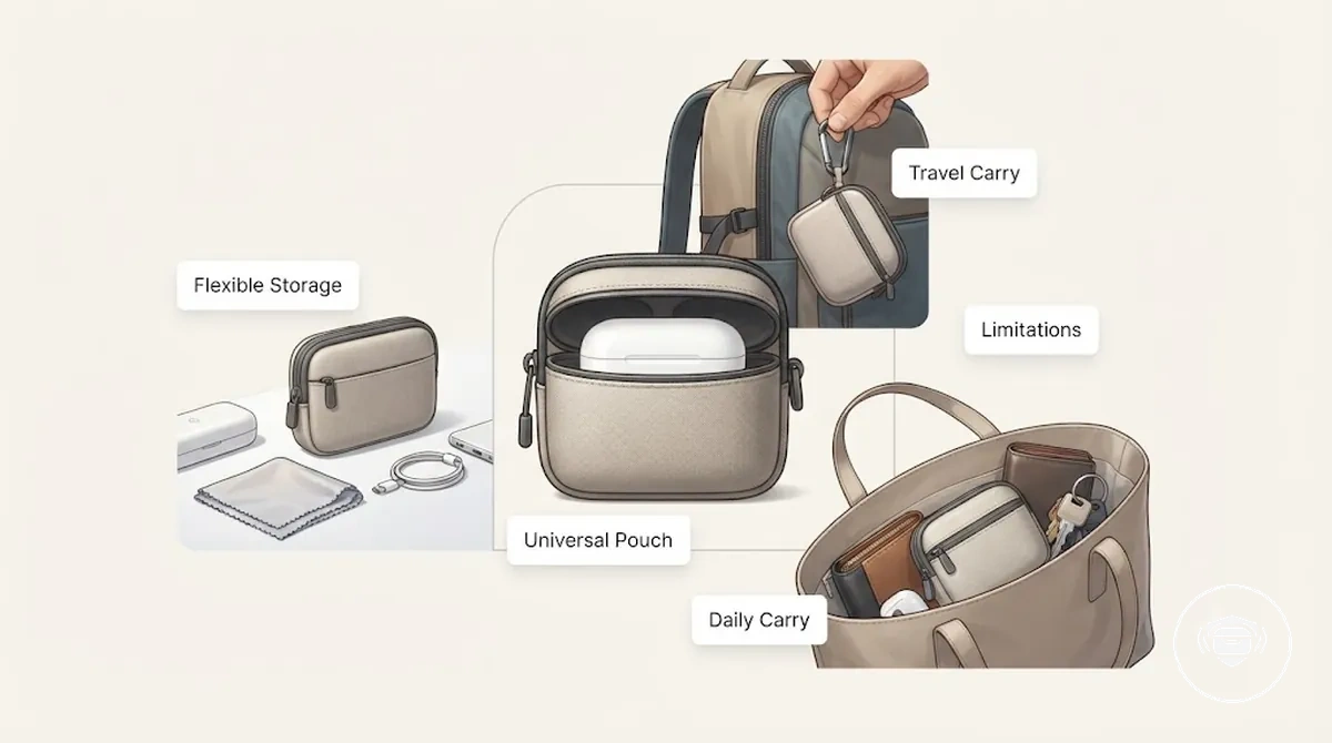 Universal pouch shown for wireless earbud case carrying scenarios and storage limitations