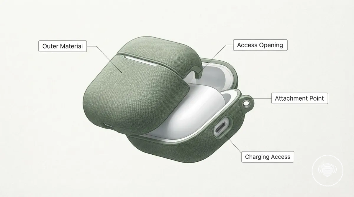 Annotated wireless earbud case cover showing materials openings attachment points and charging access areas