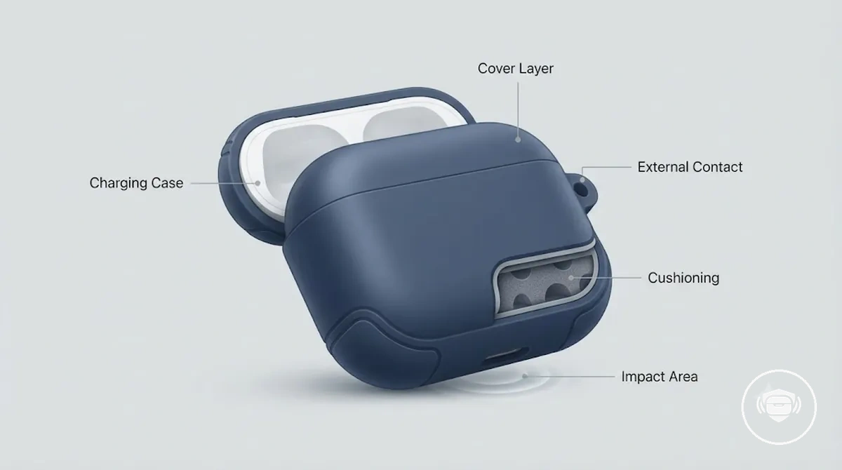 Wireless earbud case cover showing impact protection features around a charging case