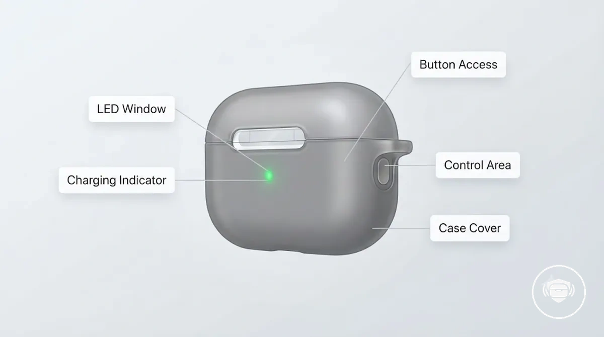 Illustration showing wireless earbud case cover LED window and button access areas