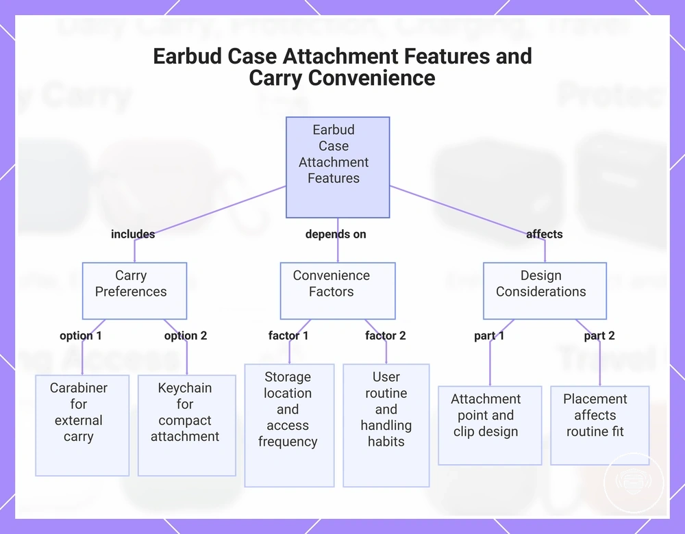 Earbud Case Attachment Features and Carry Convenience