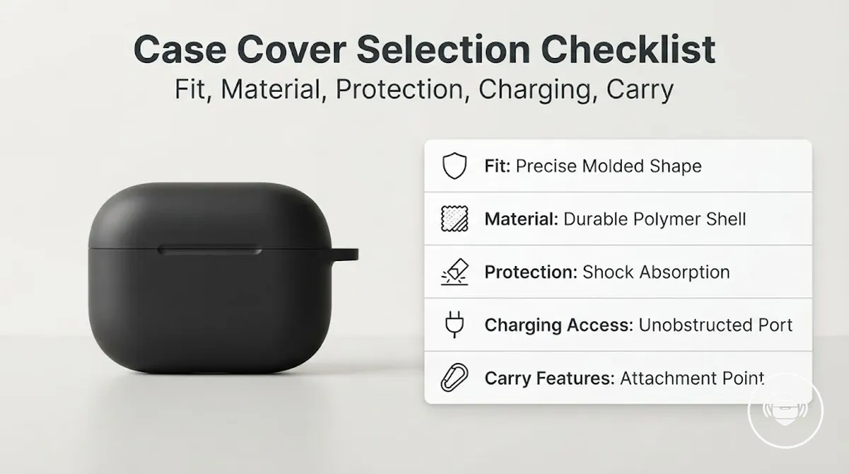 Wireless earbud case cover checklist with fit, material, protection, charging access, and carry features