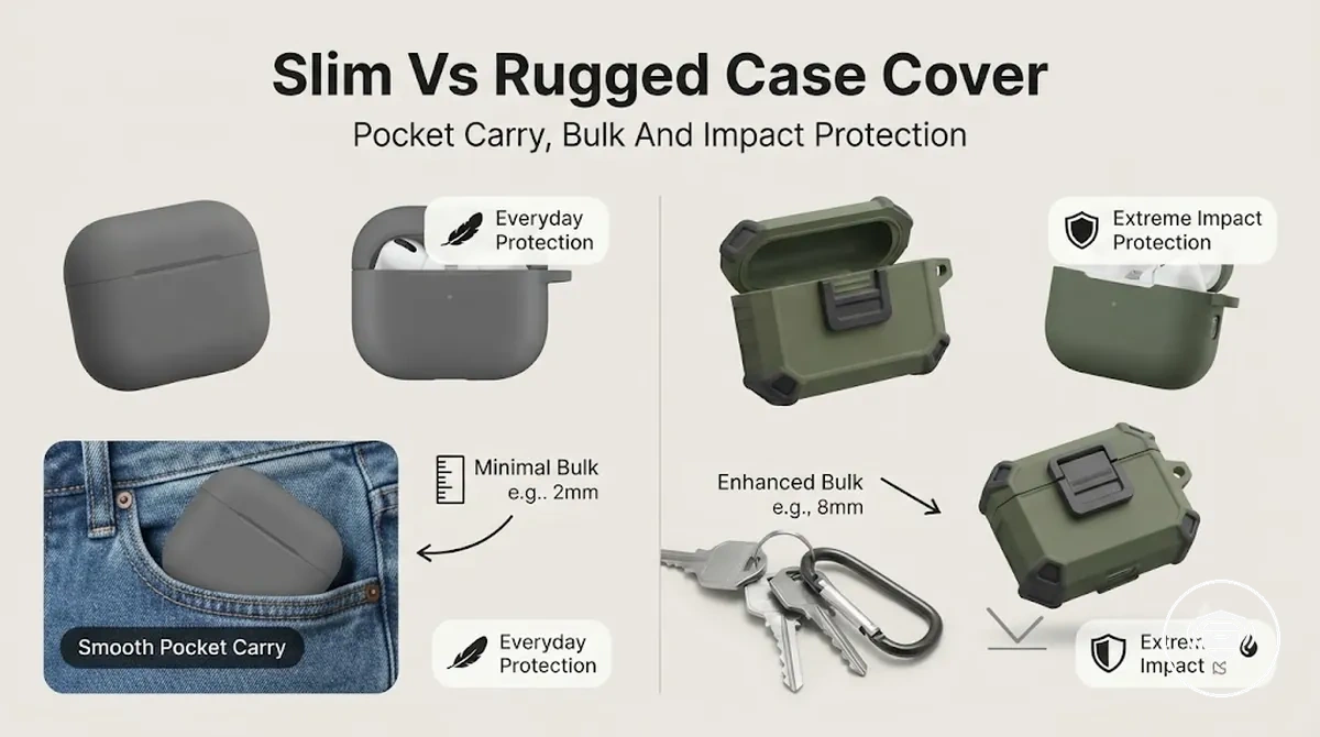 Slim and rugged wireless earbud case covers compared for pocket carry, bulk, and impact protection