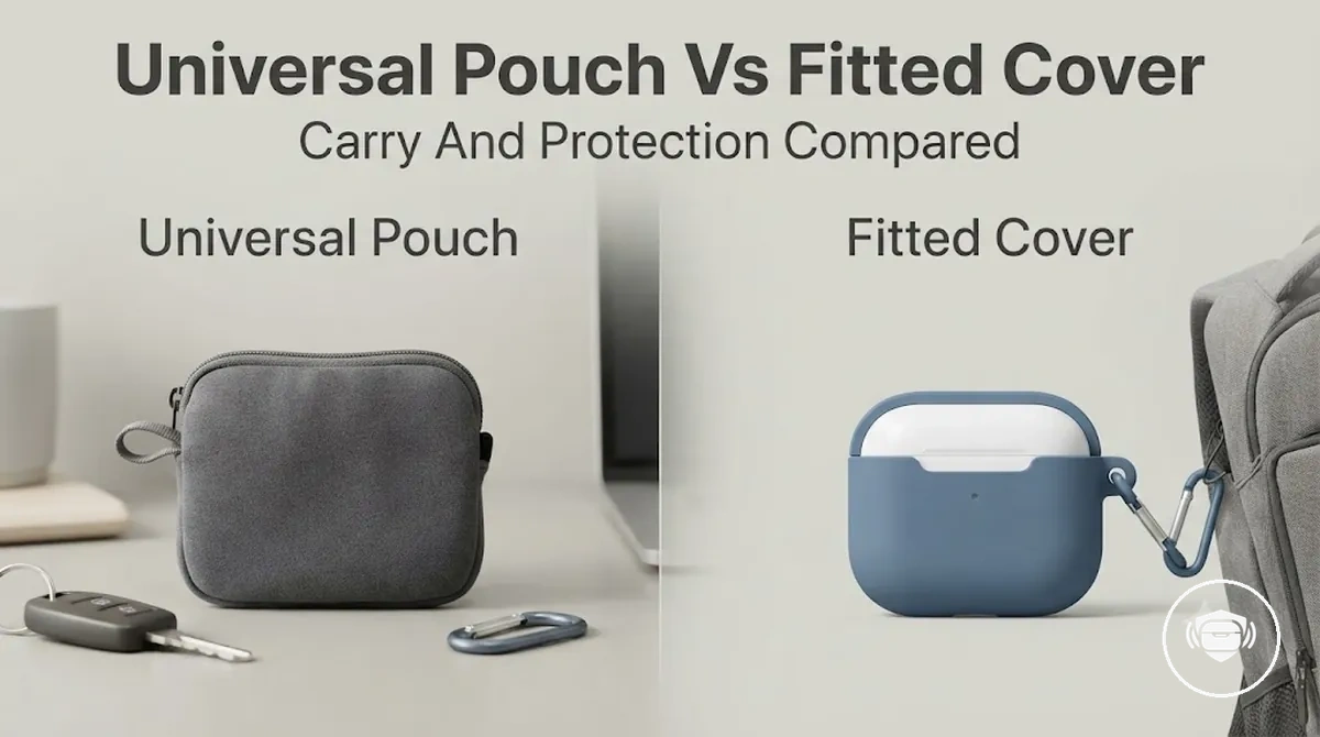 Universal wireless earbud pouch compared with a fitted wireless earbud case cover for carry and protection