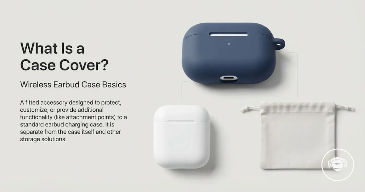 A fitted wireless earbud case cover shown separately from a charging case and storage pouch