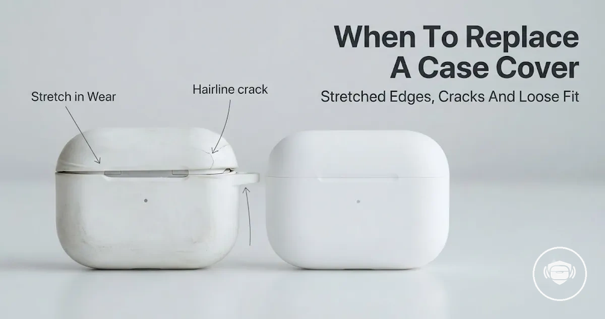 Worn wireless earbud case cover with stretched edges, cracks, and loose fit beside a replacement cover