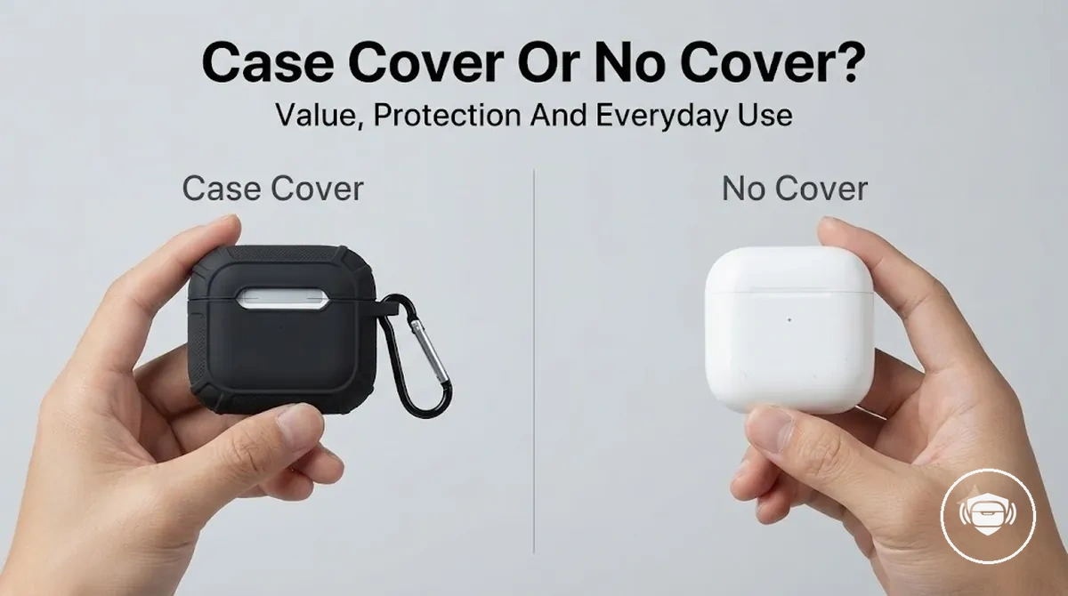 Wireless earbud charging case shown with and without a protective case cover for value comparison