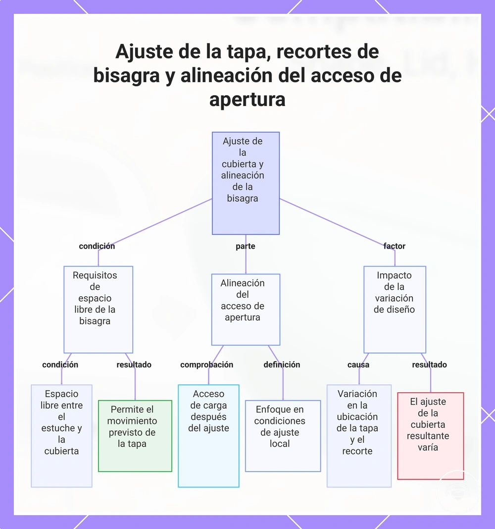 Ajuste de la tapa, recortes de bisagra y alineación del acceso de apertura
