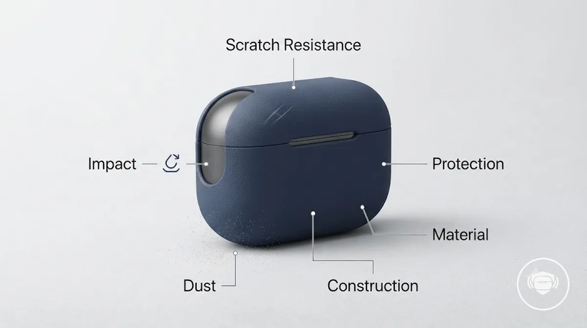 Funda para estuche de auriculares inalámbricos que destaca la resistencia a los arañazos, la protección contra impactos, la protección contra el polvo y las características de construcción