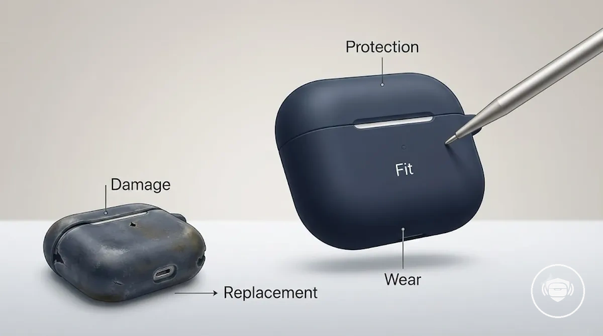 Funda para estuche de auriculares inalámbricos que muestra condiciones de desgaste y consideraciones de reemplazo