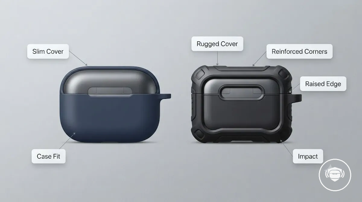 Funda reforzada para estuche de auriculares que muestra esquinas reforzadas, bordes elevados y áreas de protección más gruesas