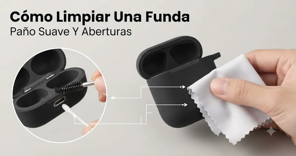 Limpieza de una funda para estuche de auriculares inalámbricos con un paño suave y pequeñas herramientas alrededor de las aberturas
