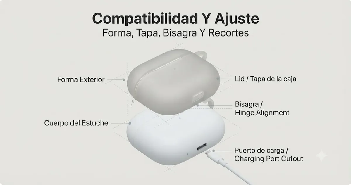 Funda para estuche de auriculares inalámbricos alineada con la forma del estuche de carga, la tapa, la bisagra y los recortes de carga