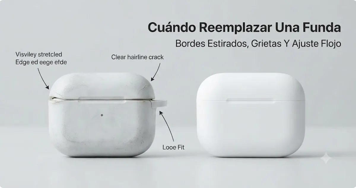 Funda desgastada para estuche de auriculares inalámbricos con bordes estirados, grietas y ajuste flojo junto a una funda de recambio