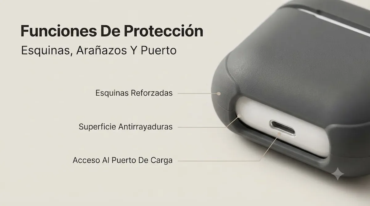Detalles de una funda protectora para estuche de auriculares inalámbricos con esquinas reforzadas, protección contra arañazos y acceso al puerto