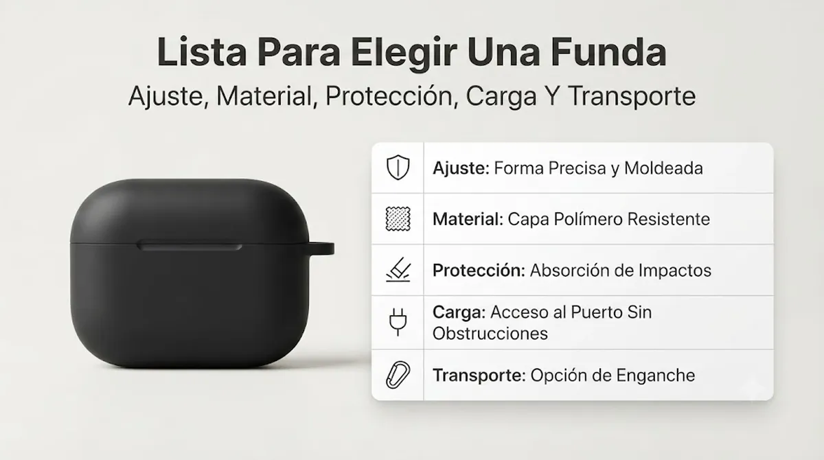 Lista de comprobación para una funda de estuche de auriculares inalámbricos con ajuste, material, protección, acceso de carga y opciones de transporte
