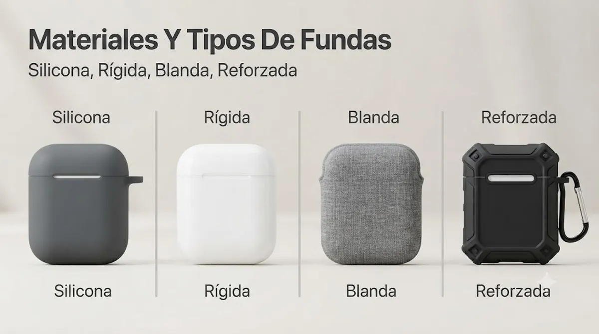 Distintos materiales de fundas para estuches de auriculares inalámbricos, como silicona, carcasa rígida, funda blanda y diseños reforzados