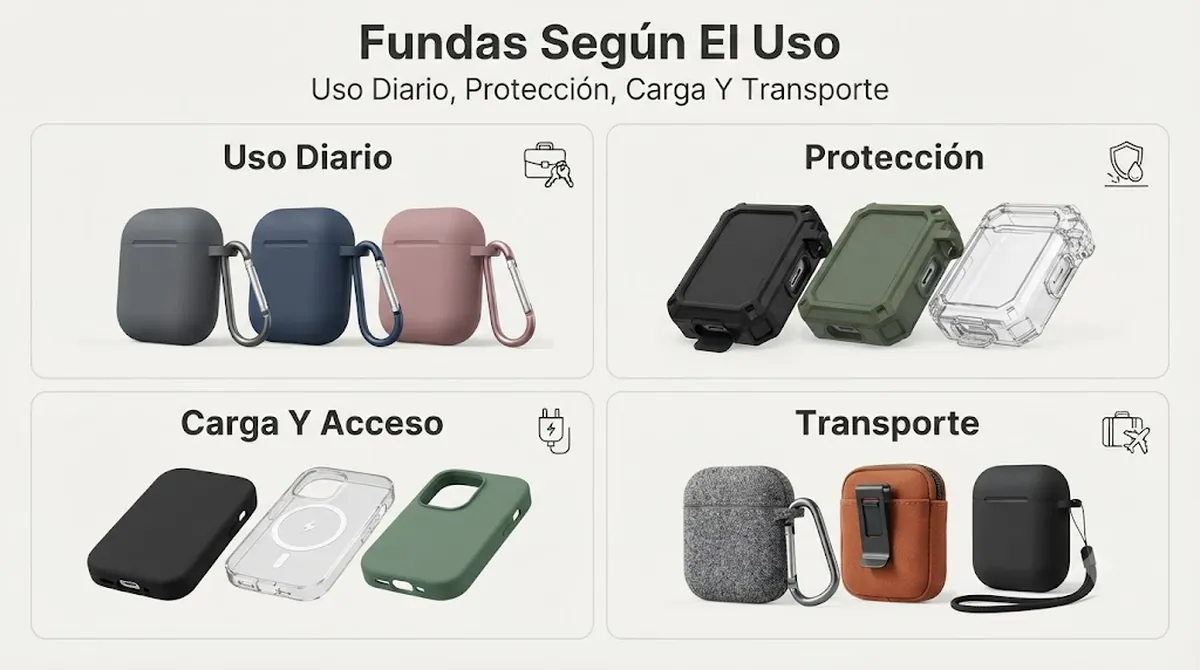Opciones de fundas para estuches de auriculares inalámbricos agrupadas por uso diario, protección, acceso de carga y transporte