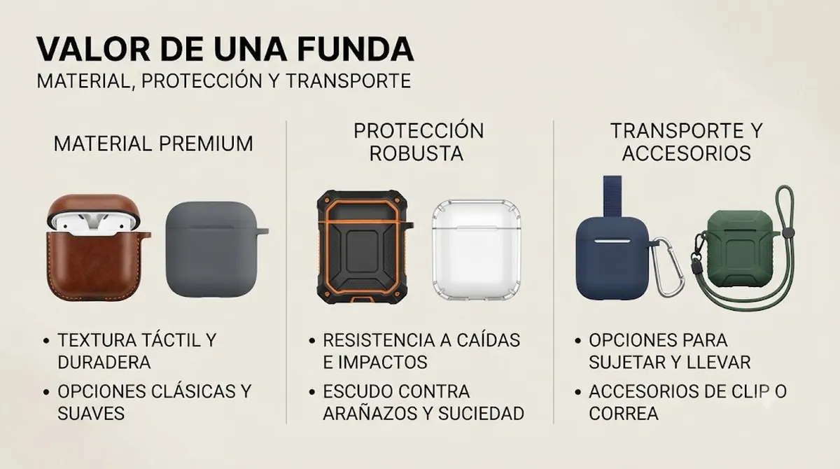 Comparación de valor de una funda para estuche de auriculares inalámbricos según calidad del material, protección y accesorios de transporte