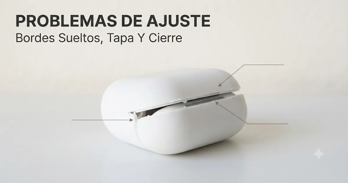 Problemas de ajuste en una funda para estuche de auriculares inalámbricos, con bordes sueltos, tapa desalineada y cierre difícil