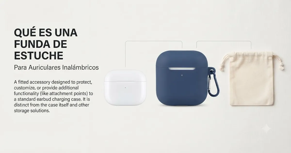 Funda ajustada para estuche de auriculares inalámbricos mostrada junto a un estuche de carga y una bolsa de transporte