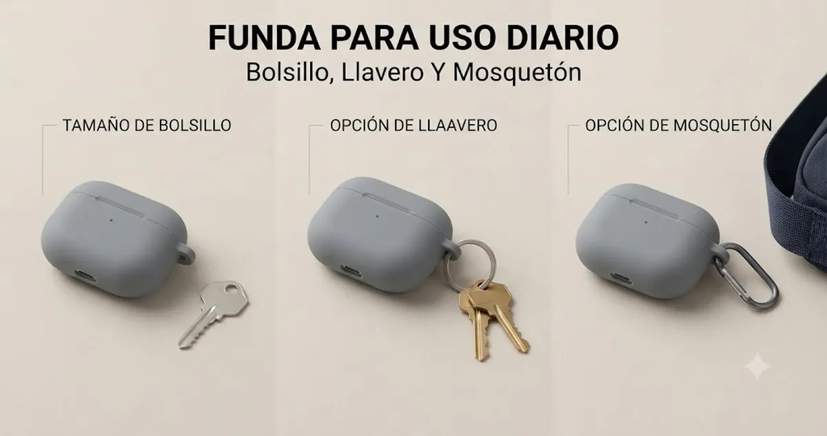 Funda para estuche de auriculares inalámbricos usada a diario con tamaño de bolsillo, llavero y mosquetón